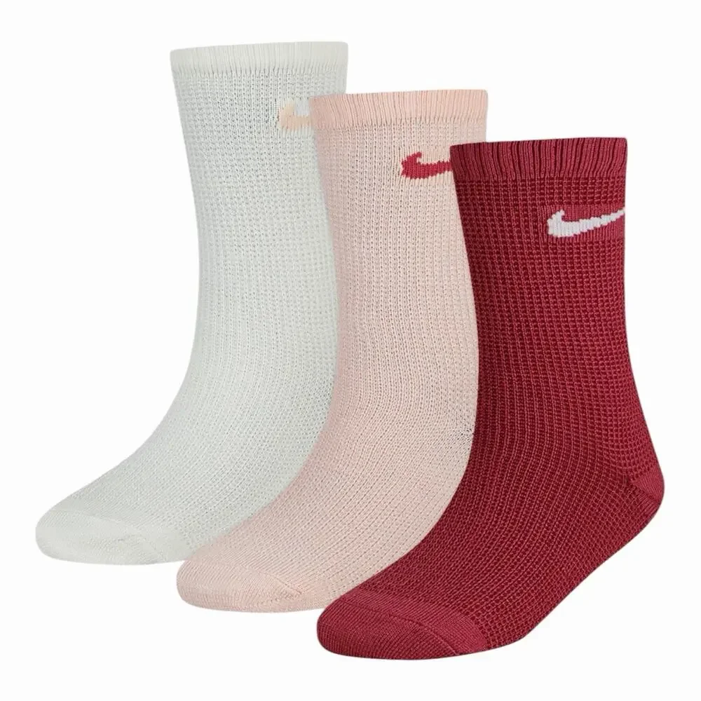 Nike Kids Soft And Cozy 3-Pack Waffle Crew Socks Size 5-7 Pink Burgundy White